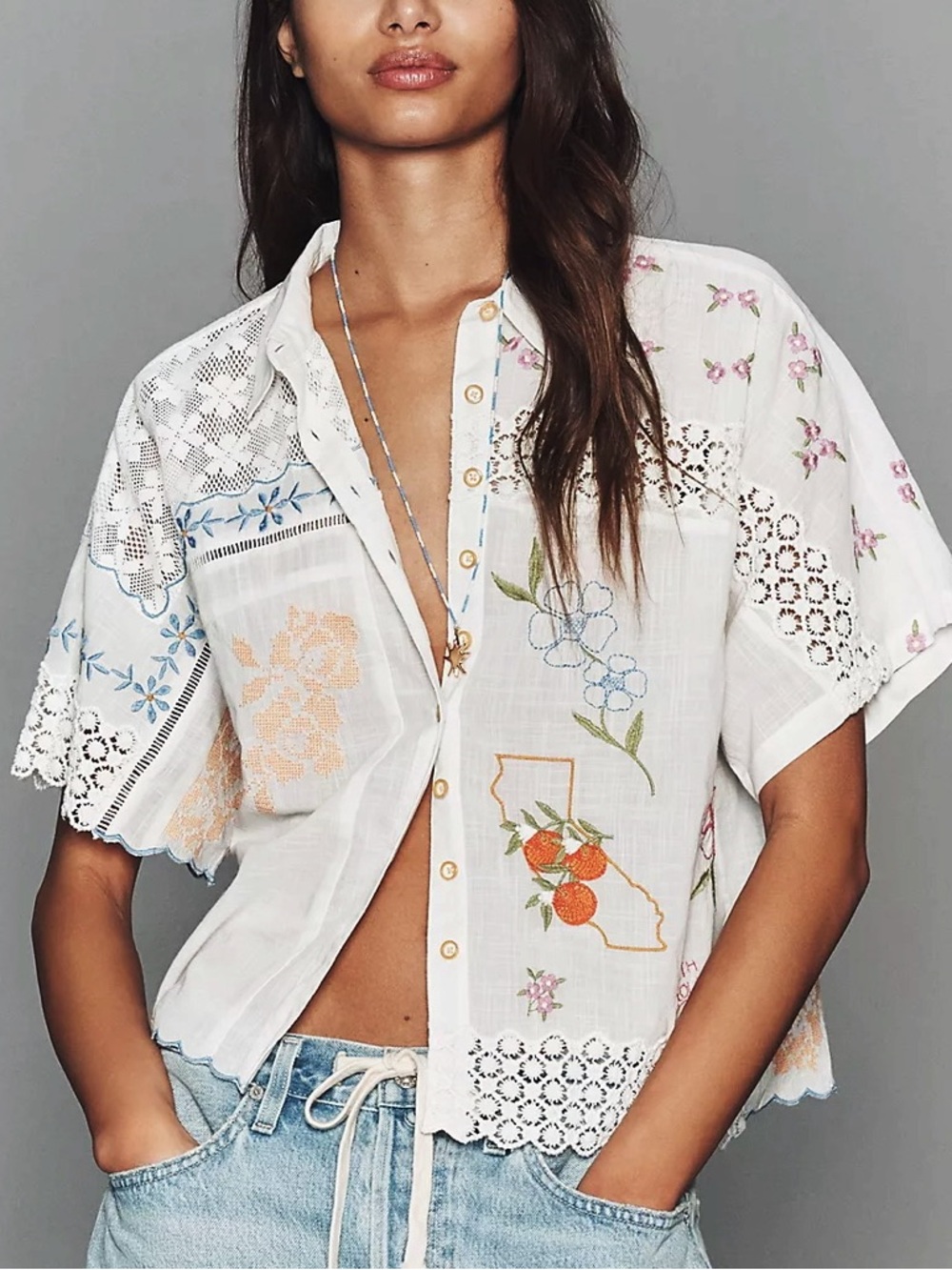 Anthropologie - Cotton Embroidered California Flowers and Lace Buttondown Shirt